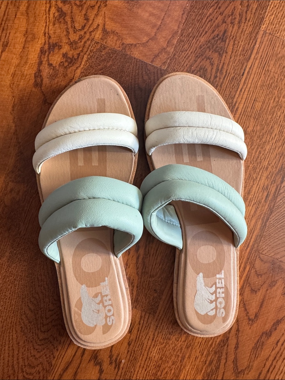 Sorel Padded Two-Band Slide Sandals in Mint Green and Cream